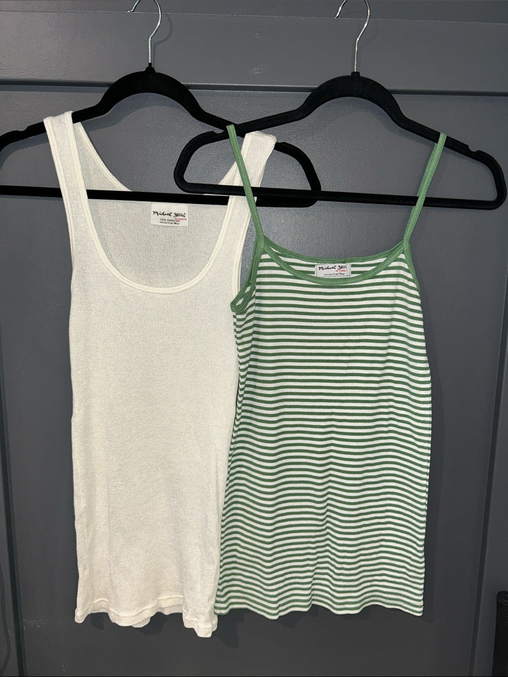 Michael Stars White Rib Tank & Green Stripe Spaghetti Strap Tank Duo